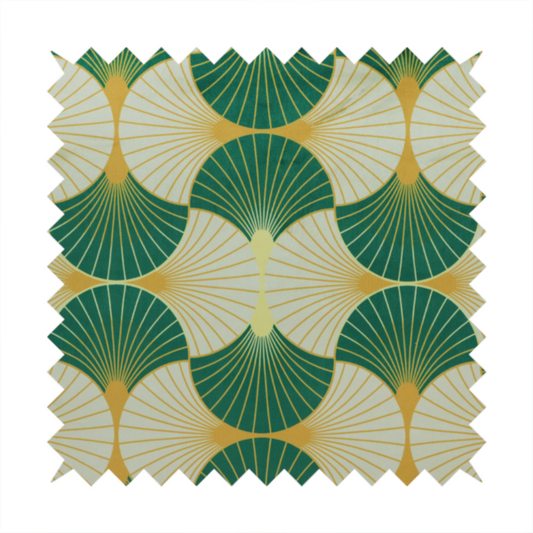 This fabric features a cohesive Art Deco-inspired print, showcasing a rhythmic, interlocking scalloped fan motif that evokes the architectural elegance of the 1920s. Each variation uses a "fish scale" layout with thin lines radiating from golden-orange focal points, but offers a distinct mood through its specific colour story.