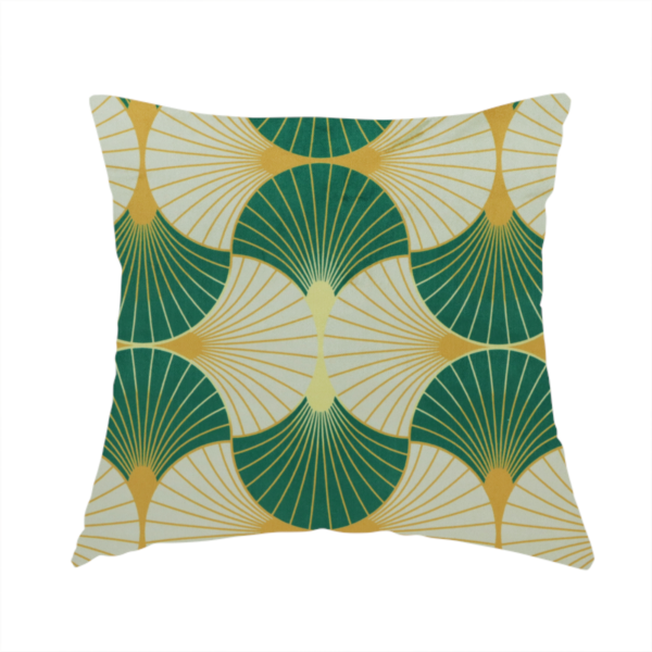 The fabric used to create this handmade cushion features a cohesive Art Deco-inspired print, showcasing a rhythmic, interlocking scalloped fan motif that evokes the architectural elegance of the 1920s. Each variation uses a "fish scale" layout with thin lines radiating from golden-orange focal points, but offers a distinct mood through its specific colour story.