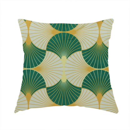 The fabric used to create this handmade cushion features a cohesive Art Deco-inspired print, showcasing a rhythmic, interlocking scalloped fan motif that evokes the architectural elegance of the 1920s. Each variation uses a "fish scale" layout with thin lines radiating from golden-orange focal points, but offers a distinct mood through its specific colour story.