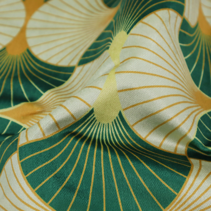 This fabric features a cohesive Art Deco-inspired print, showcasing a rhythmic, interlocking scalloped fan motif that evokes the architectural elegance of the 1920s. Each variation uses a "fish scale" layout with thin lines radiating from golden-orange focal points, but offers a distinct mood through its specific colour story.