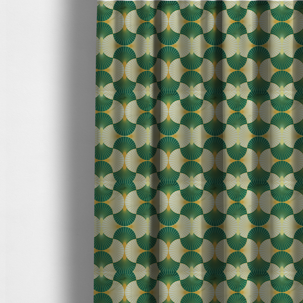 The fabric used to create these made-to-measure curtains, features a cohesive Art Deco-inspired print, showcasing a rhythmic, interlocking scalloped fan motif that evokes the architectural elegance of the 1920s. Each variation uses a "fish scale" layout with thin lines radiating from golden-orange focal points, but offers a distinct mood through its specific colour story.