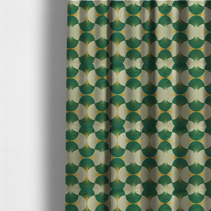 The fabric used to create these made-to-measure curtains, features a cohesive Art Deco-inspired print, showcasing a rhythmic, interlocking scalloped fan motif that evokes the architectural elegance of the 1920s. Each variation uses a "fish scale" layout with thin lines radiating from golden-orange focal points, but offers a distinct mood through its specific colour story.