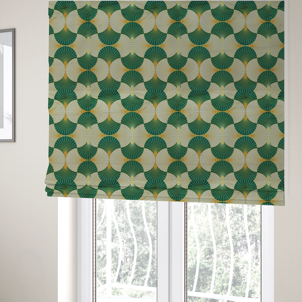 The fabric used to create these Roman blinds features a cohesive Art Deco-inspired print, showcasing a rhythmic, interlocking scalloped fan motif that evokes the architectural elegance of the 1920s. Each variation uses a "fish scale" layout with thin lines radiating from golden-orange focal points, but offers a distinct mood through its specific colour story.