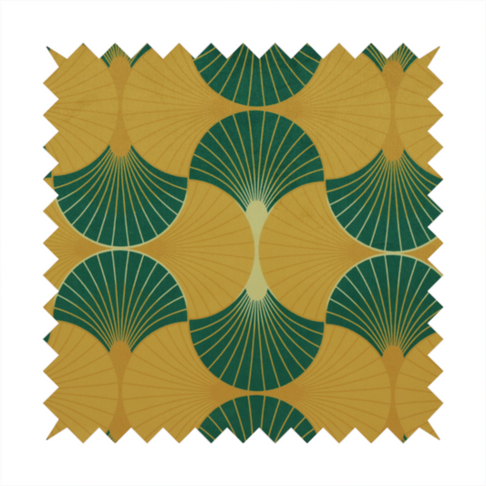 This fabric, DP-388-1, features a warm and inviting take on the classic Art Deco fan pattern, utilizing a gold-dominant palette that radiates elegance.