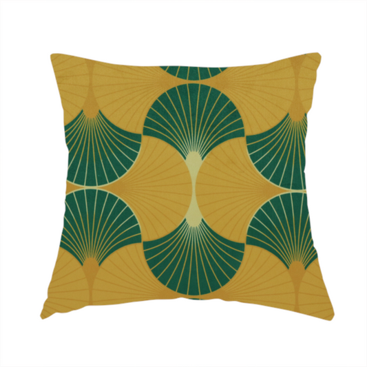 The fabric used to create this handmade cushion, DP-388-1, features a warm and inviting take on the classic Art Deco fan pattern, utilizing a gold-dominant palette that radiates elegance.