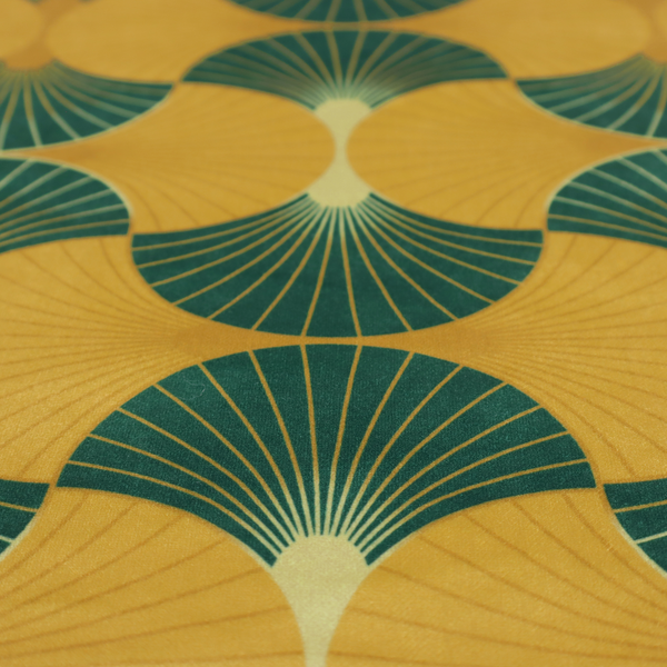 This fabric, DP-388-1, features a warm and inviting take on the classic Art Deco fan pattern, utilizing a gold-dominant palette that radiates elegance.