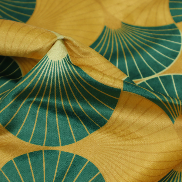This fabric, DP-388-1, features a warm and inviting take on the classic Art Deco fan pattern, utilizing a gold-dominant palette that radiates elegance.