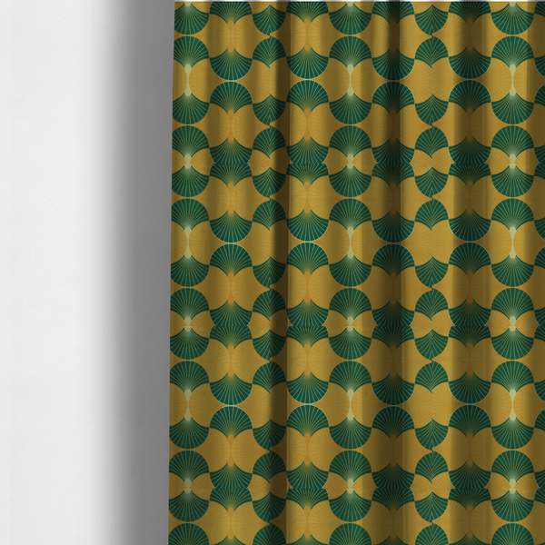 The fabric used to create these made-to-measure curtains, DP-388-1, features a warm and inviting take on the classic Art Deco fan pattern, utilizing a gold-dominant palette that radiates elegance.