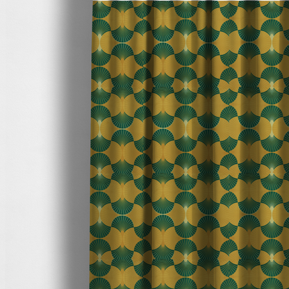 The fabric used to create these made-to-measure curtains, DP-388-1, features a warm and inviting take on the classic Art Deco fan pattern, utilizing a gold-dominant palette that radiates elegance.