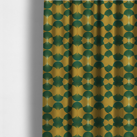 The fabric used to create these made-to-measure curtains, DP-388-1, features a warm and inviting take on the classic Art Deco fan pattern, utilizing a gold-dominant palette that radiates elegance.