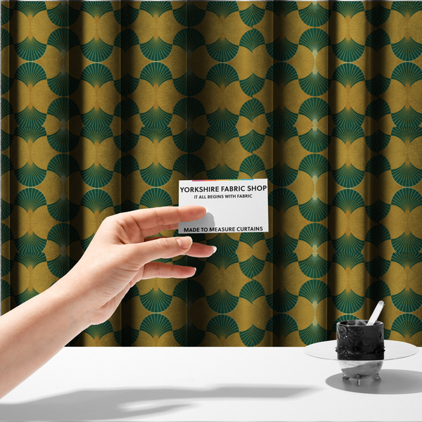 The fabric used to create these made-to-measure curtains, DP-388-1, features a warm and inviting take on the classic Art Deco fan pattern, utilizing a gold-dominant palette that radiates elegance.