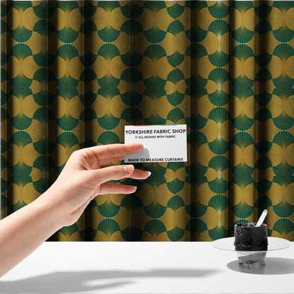 The fabric used to create these made-to-measure curtains, DP-388-1, features a warm and inviting take on the classic Art Deco fan pattern, utilizing a gold-dominant palette that radiates elegance.