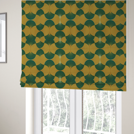 The fabric used to create these Roman blinds, DP-388-1, features a warm and inviting take on the classic Art Deco fan pattern, utilizing a gold-dominant palette that radiates elegance.