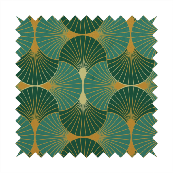 The DP-389-1 fabric is a sophisticated textile featuring a classic Art Deco fan pattern that blends vibrant jewel tones with architectural geometry.