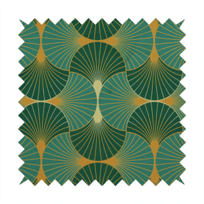 The DP-389-1 fabric is a sophisticated textile featuring a classic Art Deco fan pattern that blends vibrant jewel tones with architectural geometry.