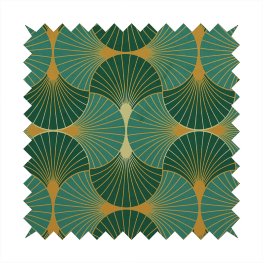 The DP-389-1 fabric is a sophisticated textile featuring a classic Art Deco fan pattern that blends vibrant jewel tones with architectural geometry.