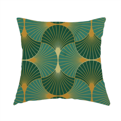 The fabric used to create this handmade cushion is a sophisticated textile featuring a classic Art Deco fan pattern that blends vibrant jewel tones with architectural geometry.