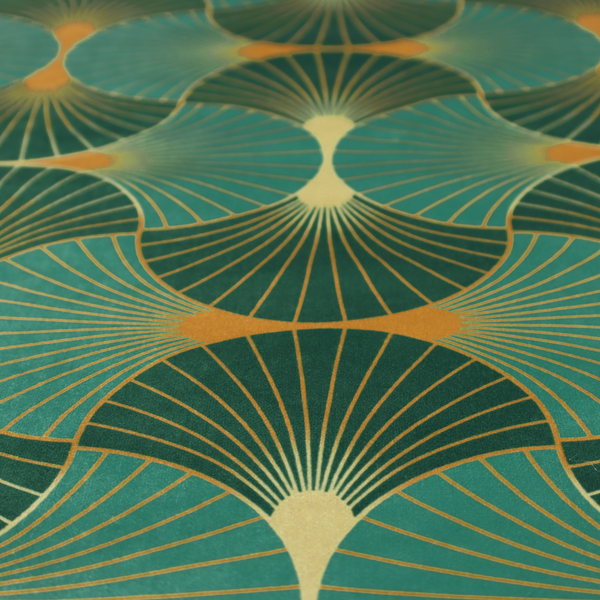 The DP-389-1 fabric is a sophisticated textile featuring a classic Art Deco fan pattern that blends vibrant jewel tones with architectural geometry.