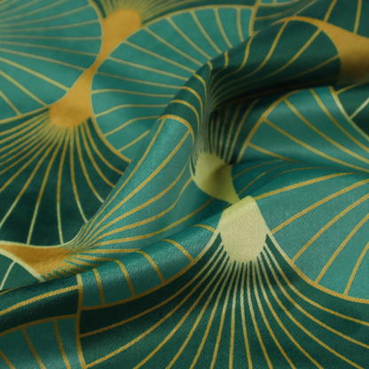 The DP-389-1 fabric is a sophisticated textile featuring a classic Art Deco fan pattern that blends vibrant jewel tones with architectural geometry.
