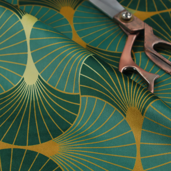 The DP-389-1 fabric is a sophisticated textile featuring a classic Art Deco fan pattern that blends vibrant jewel tones with architectural geometry.