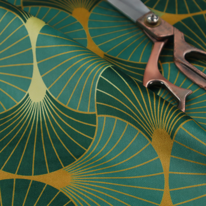 The DP-389-1 fabric is a sophisticated textile featuring a classic Art Deco fan pattern that blends vibrant jewel tones with architectural geometry.