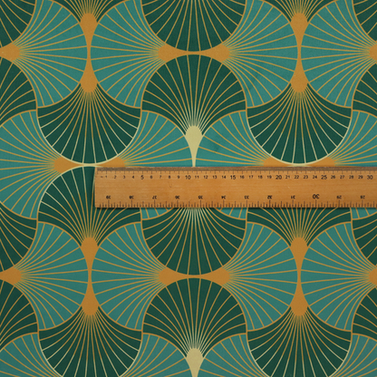 The DP-389-1 fabric is a sophisticated textile featuring a classic Art Deco fan pattern that blends vibrant jewel tones with architectural geometry.
