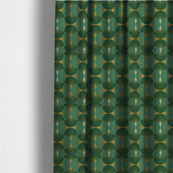 The fabric used to create these made-to-measure curtains is a sophisticated textile featuring a classic Art Deco fan pattern that blends vibrant jewel tones with architectural geometry.