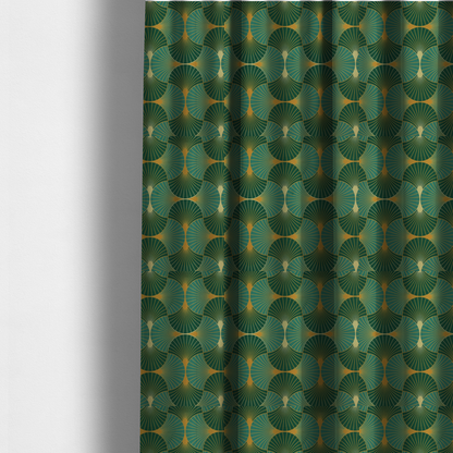 The fabric used to create these made-to-measure curtains is a sophisticated textile featuring a classic Art Deco fan pattern that blends vibrant jewel tones with architectural geometry.