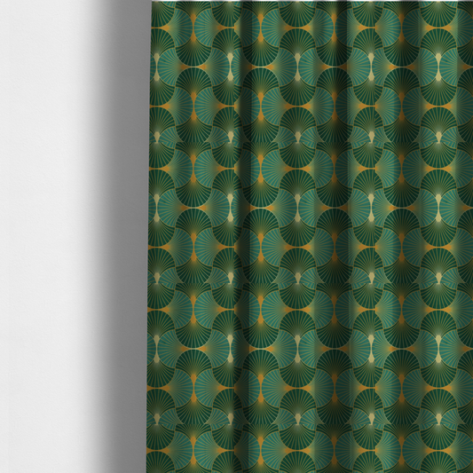 The fabric used to create these made-to-measure curtains is a sophisticated textile featuring a classic Art Deco fan pattern that blends vibrant jewel tones with architectural geometry.