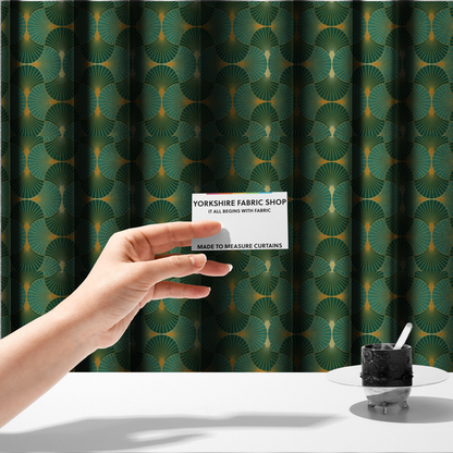 The fabric used to create these made-to-measure curtains is a sophisticated textile featuring a classic Art Deco fan pattern that blends vibrant jewel tones with architectural geometry.