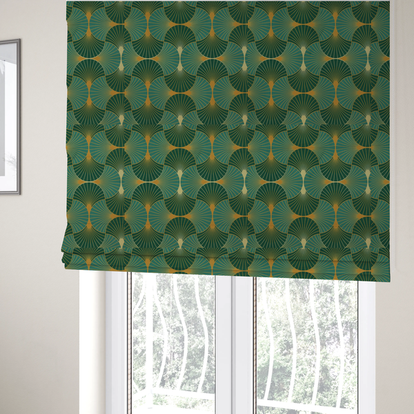The fabric used to create these Roman blinds is a sophisticated textile featuring a classic Art Deco fan pattern that blends vibrant jewel tones with architectural geometry.