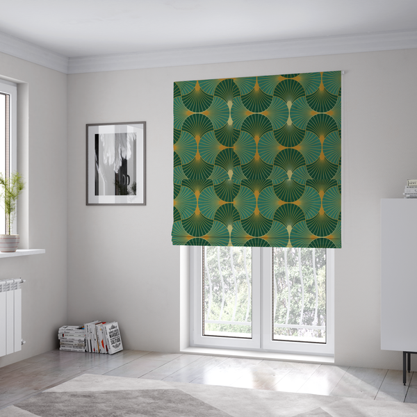 The fabric used to create these Roman blinds is a sophisticated textile featuring a classic Art Deco fan pattern that blends vibrant jewel tones with architectural geometry.
