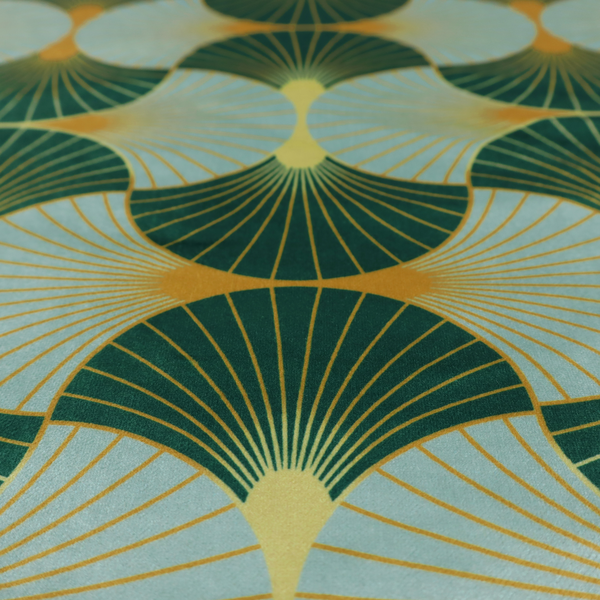 The DP-390-1 fabric offers a fresh and airy take on the classic Art Deco aesthetic, utilizing a cool-toned palette that lightens the geometric structure.