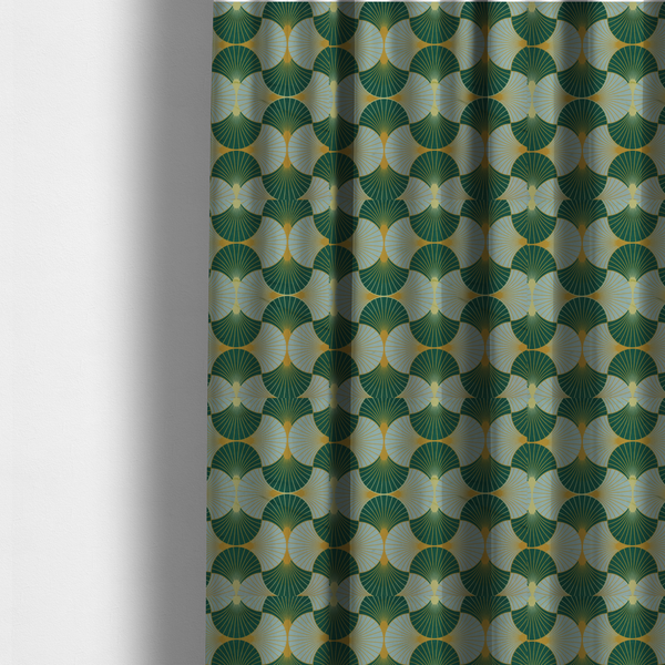 The fabric used to create these made-to-measure curtains offers a fresh and airy take on the classic Art Deco aesthetic, utilizing a cool-toned palette that lightens the geometric structure.