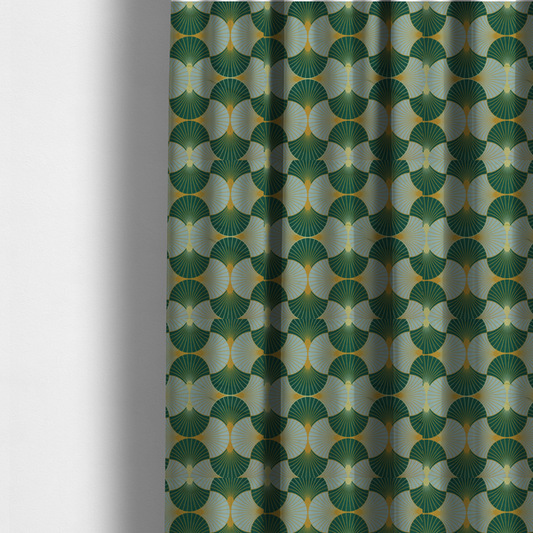 The fabric used to create these made-to-measure curtains offers a fresh and airy take on the classic Art Deco aesthetic, utilizing a cool-toned palette that lightens the geometric structure.