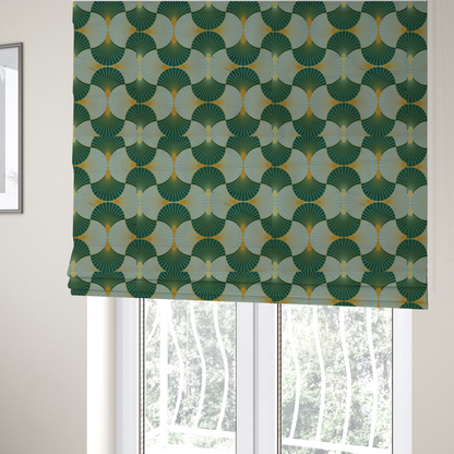 The fabric used to create these Roman blinds, offers a fresh and airy take on the classic Art Deco aesthetic, utilizing a cool-toned palette that lightens the geometric structure.