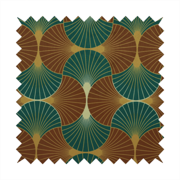 The DP-391-1 fabric offers a grounded and earthy interpretation of the classic Art Deco fan motif. This design features a rhythmic, interlocking scalloped shell pattern where fine lines radiate from central golden-ochre focal points to create a symmetrical "fish scale" layout. This specific version is defined by its sophisticated colour story, pairing deep forest green with rich terracotta or rust brown.