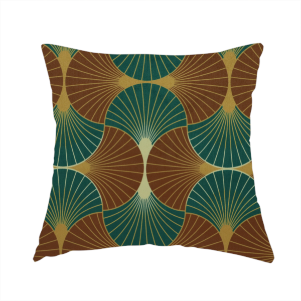 The fabric used to create this handmade cushion, offers a grounded and earthy interpretation of the classic Art Deco fan motif. This design features a rhythmic, interlocking scalloped shell pattern where fine lines radiate from central golden-ochre focal points to create a symmetrical "fish scale" layout. This specific version is defined by its sophisticated colour story, pairing deep forest green with rich terracotta or rust brown.