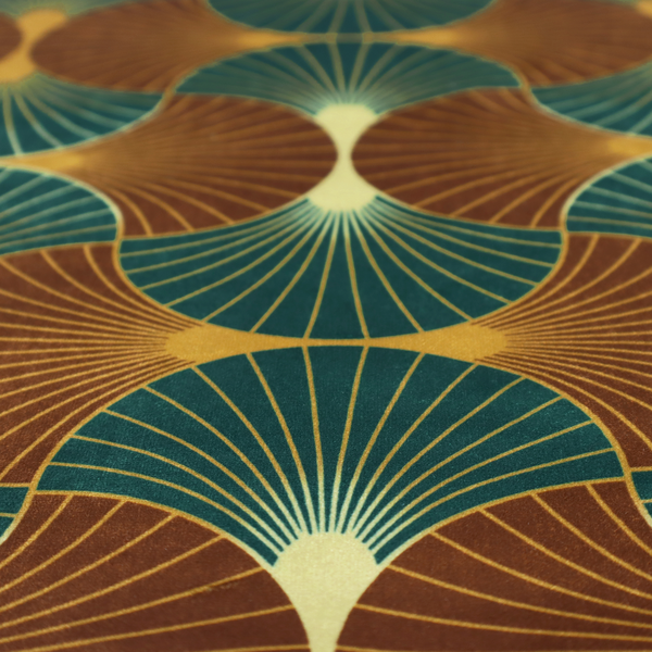 The DP-391-1 fabric offers a grounded and earthy interpretation of the classic Art Deco fan motif. This design features a rhythmic, interlocking scalloped shell pattern where fine lines radiate from central golden-ochre focal points to create a symmetrical "fish scale" layout. This specific version is defined by its sophisticated colour story, pairing deep forest green with rich terracotta or rust brown.