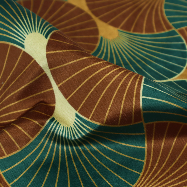 The DP-391-1 fabric offers a grounded and earthy interpretation of the classic Art Deco fan motif. This design features a rhythmic, interlocking scalloped shell pattern where fine lines radiate from central golden-ochre focal points to create a symmetrical "fish scale" layout. This specific version is defined by its sophisticated colour story, pairing deep forest green with rich terracotta or rust brown.