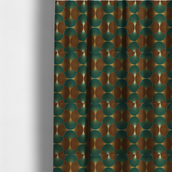 The fabric used to create these made-to-measure curtains, offers a grounded and earthy interpretation of the classic Art Deco fan motif. This design features a rhythmic, interlocking scalloped shell pattern where fine lines radiate from central golden-ochre focal points to create a symmetrical "fish scale" layout. This specific version is defined by its sophisticated colour story, pairing deep forest green with rich terracotta or rust brown.