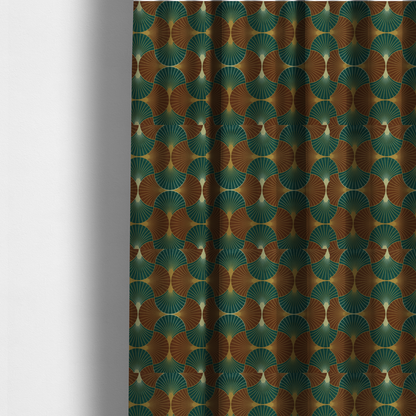 The fabric used to create these made-to-measure curtains, offers a grounded and earthy interpretation of the classic Art Deco fan motif. This design features a rhythmic, interlocking scalloped shell pattern where fine lines radiate from central golden-ochre focal points to create a symmetrical "fish scale" layout. This specific version is defined by its sophisticated colour story, pairing deep forest green with rich terracotta or rust brown.