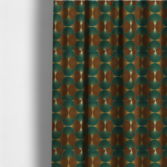 The fabric used to create these made-to-measure curtains, offers a grounded and earthy interpretation of the classic Art Deco fan motif. This design features a rhythmic, interlocking scalloped shell pattern where fine lines radiate from central golden-ochre focal points to create a symmetrical "fish scale" layout. This specific version is defined by its sophisticated colour story, pairing deep forest green with rich terracotta or rust brown.