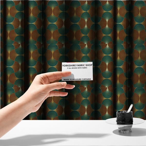 The fabric used to create these made-to-measure curtains, offers a grounded and earthy interpretation of the classic Art Deco fan motif. This design features a rhythmic, interlocking scalloped shell pattern where fine lines radiate from central golden-ochre focal points to create a symmetrical "fish scale" layout. This specific version is defined by its sophisticated colour story, pairing deep forest green with rich terracotta or rust brown.