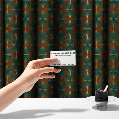 The fabric used to create these made-to-measure curtains, offers a grounded and earthy interpretation of the classic Art Deco fan motif. This design features a rhythmic, interlocking scalloped shell pattern where fine lines radiate from central golden-ochre focal points to create a symmetrical "fish scale" layout. This specific version is defined by its sophisticated colour story, pairing deep forest green with rich terracotta or rust brown.