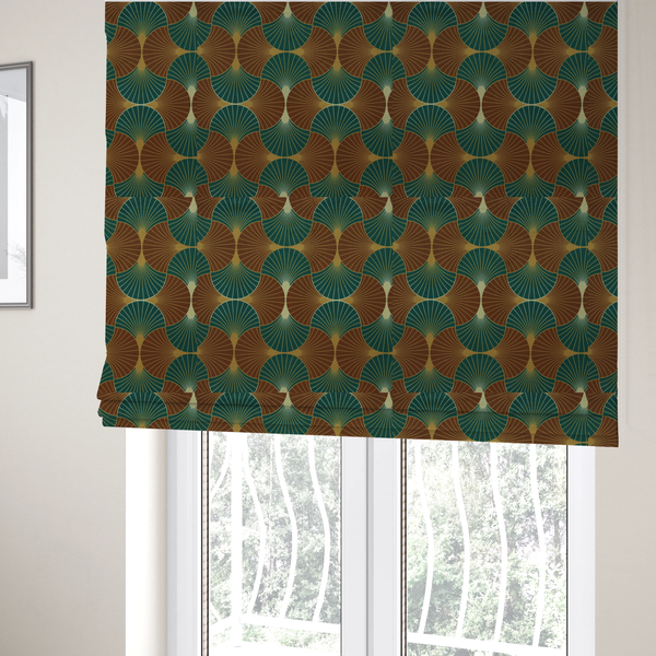The fabric used to create these Roman blinds, offers a grounded and earthy interpretation of the classic Art Deco fan motif. This design features a rhythmic, interlocking scalloped shell pattern where fine lines radiate from central golden-ochre focal points to create a symmetrical "fish scale" layout. This specific version is defined by its sophisticated colour story, pairing deep forest green with rich terracotta or rust brown.