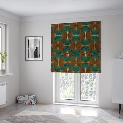 The fabric used to create these Roman blinds, offers a grounded and earthy interpretation of the classic Art Deco fan motif. This design features a rhythmic, interlocking scalloped shell pattern where fine lines radiate from central golden-ochre focal points to create a symmetrical "fish scale" layout. This specific version is defined by its sophisticated colour story, pairing deep forest green with rich terracotta or rust brown.