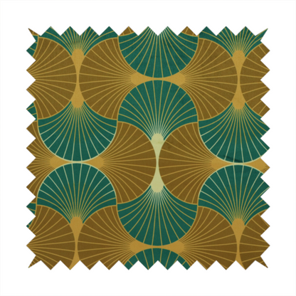 The DP-392-1 fabric features an elegant Art Deco aesthetic, characterized by a rhythmic, interlocking scalloped fan motif that creates a symmetrical "fish scale" layout. This specific variation utilizes a sophisticated, earthy colour palette of deep forest green and muted bronze-brown.
