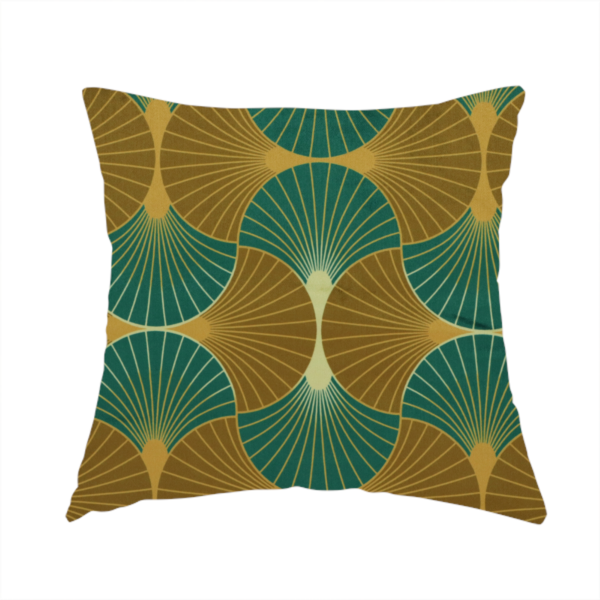 The fabric used to create this handmade cushion, features an elegant Art Deco aesthetic, characterized by a rhythmic, interlocking scalloped fan motif that creates a symmetrical "fish scale" layout. This specific variation utilizes a sophisticated, earthy colour palette of deep forest green and muted bronze-brown.