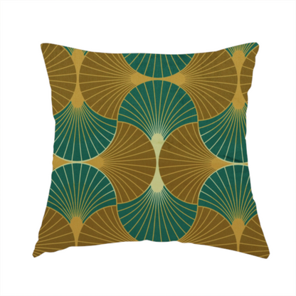 The fabric used to create this handmade cushion, features an elegant Art Deco aesthetic, characterized by a rhythmic, interlocking scalloped fan motif that creates a symmetrical "fish scale" layout. This specific variation utilizes a sophisticated, earthy colour palette of deep forest green and muted bronze-brown.